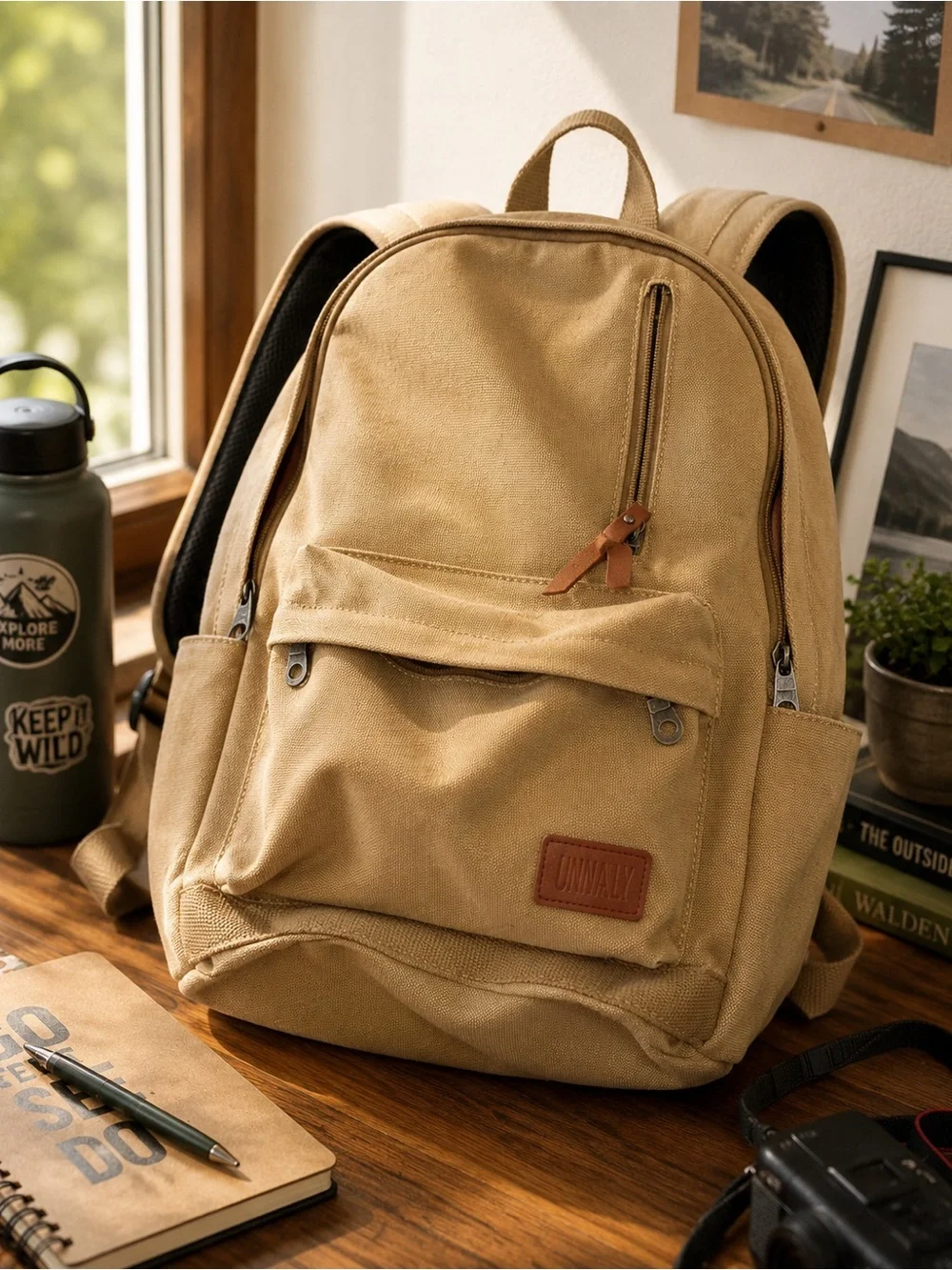 UNIWALK Tan Canvas Backpack Laptop Travel School Bag Vintage Style